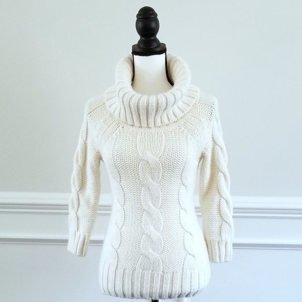 BEBE Cream Cable-Knit Cowl Neck Tunic Sweater